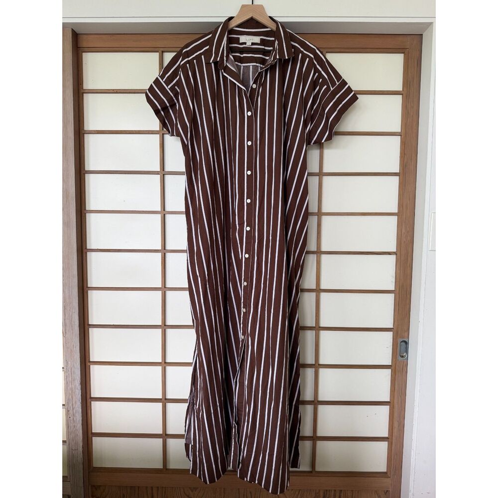 LOFT Size 16 Chocolate Brown White Striped Cotton Maxi Shirt Dress